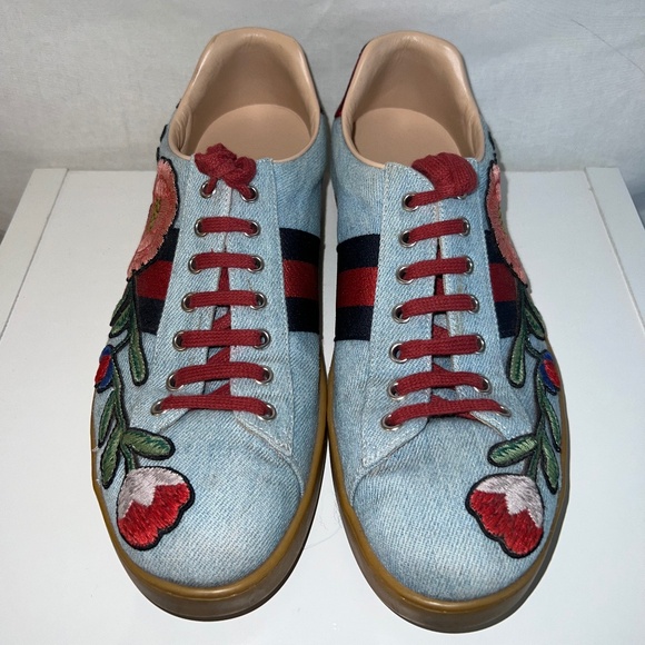 Gucci, Low Top Embroidered Sneakers, Floral Denim Ace, Size 10.5 - Picture 3 of 14